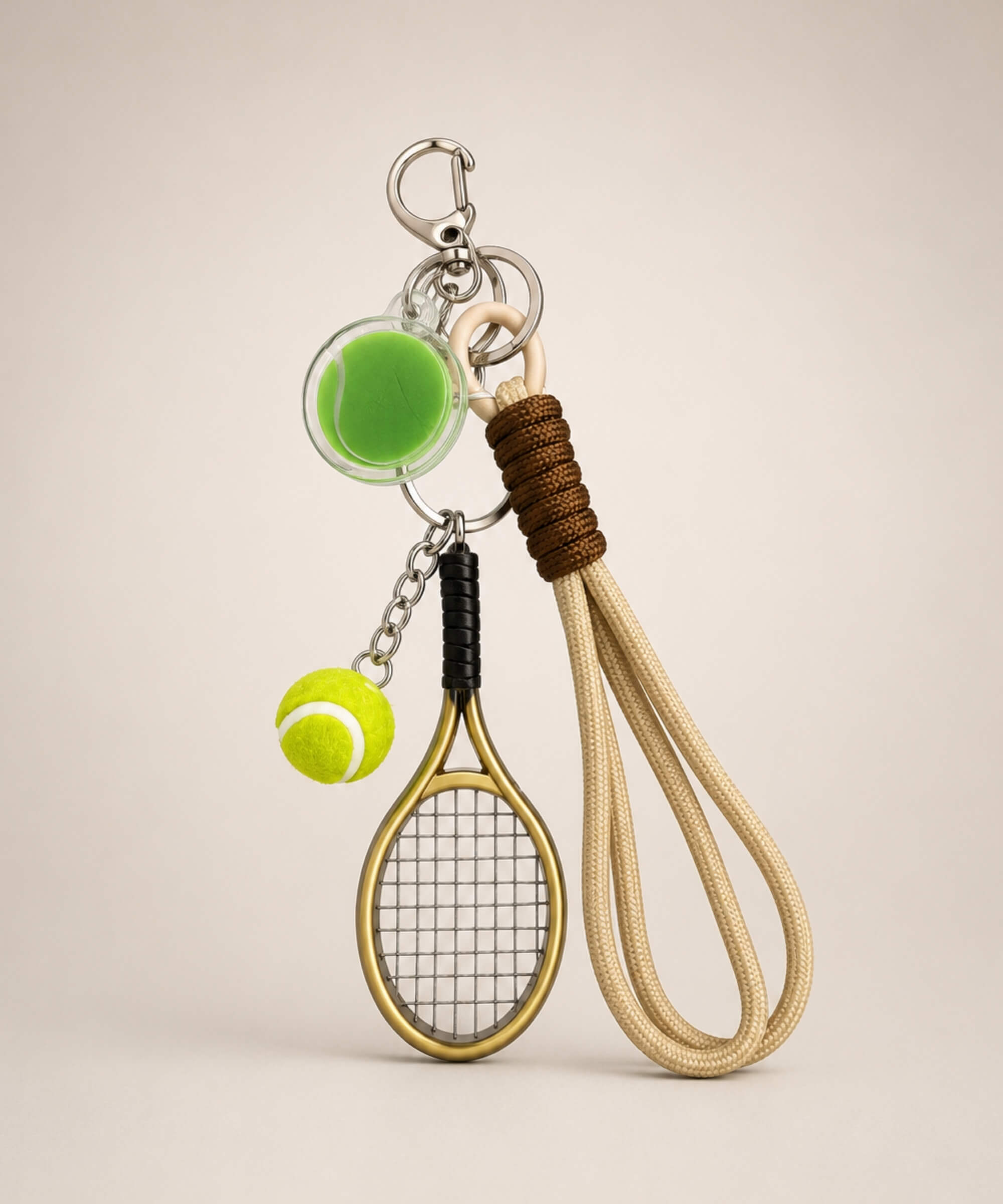 Beige tennis charm set rope keychain with mini racket, tennis ball charms and rope strap